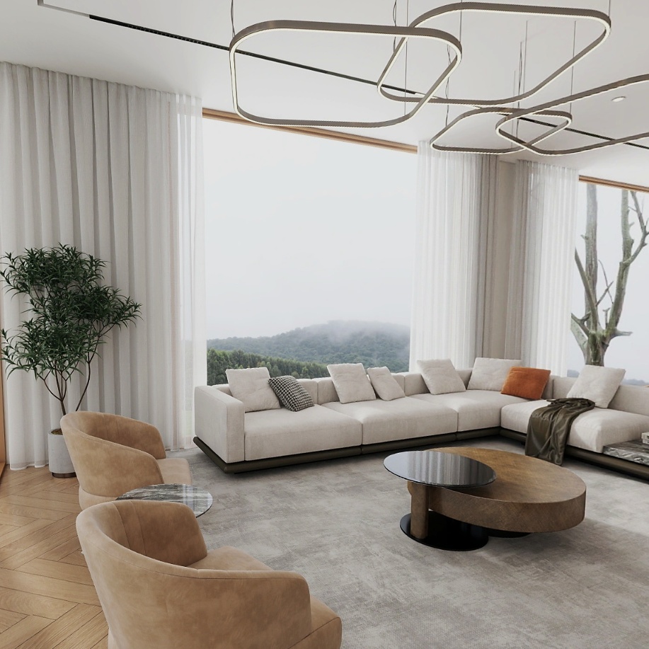 Belair Project living area with fireplace, Adelaide Hills — designed and sourced by StellarNova
