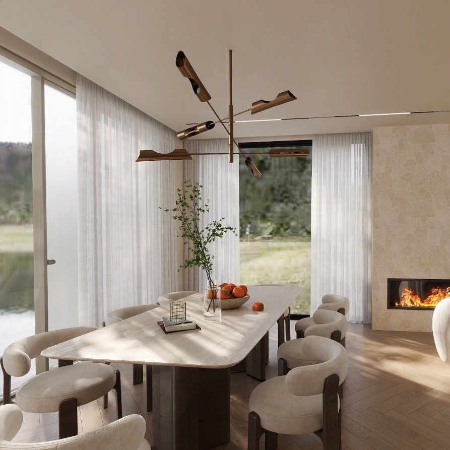 Glenelg Project dining area with travertine fireplace and sculptural pendant lighting — StellarNova, Glenelg SA