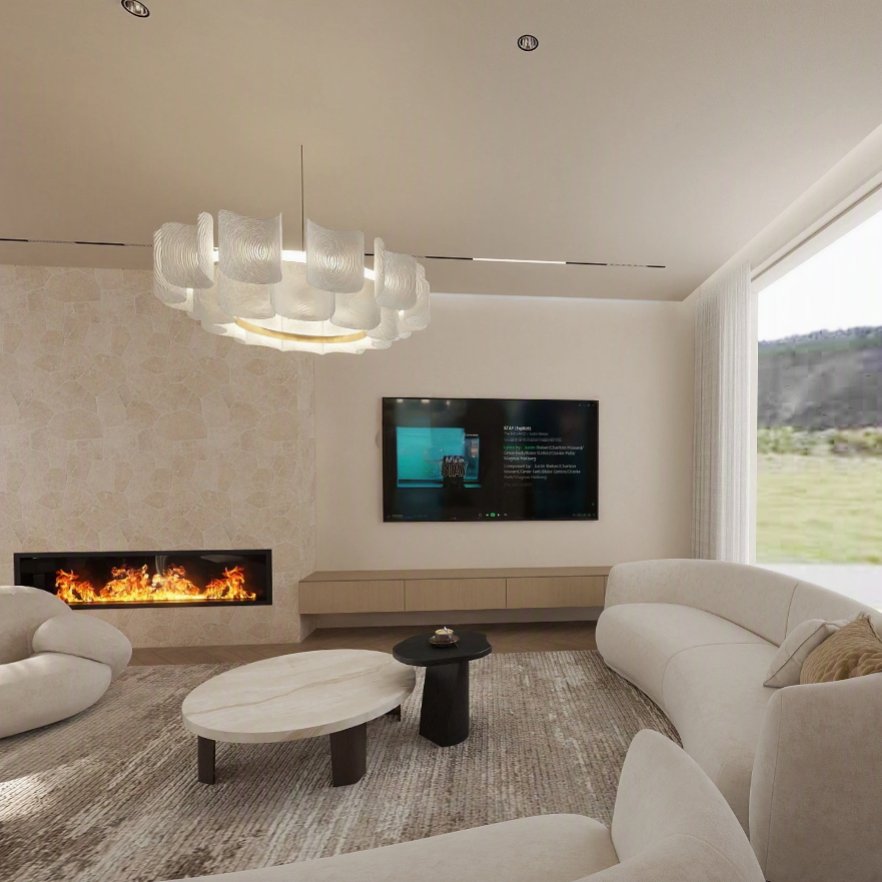 Glenelg Project living area with curved sofas, stone fireplace and lake view — StellarNova, Glenelg SA