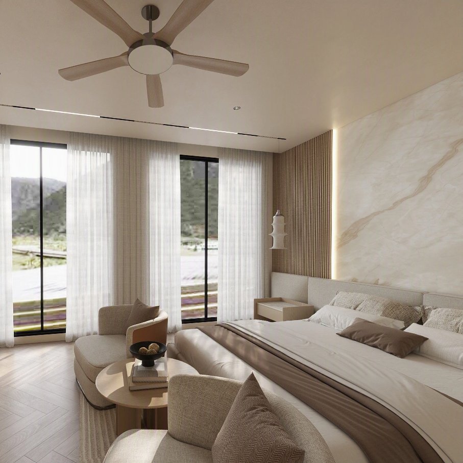 Glenelg Project main bedroom with onyx feature wall and timber batten detailing — StellarNova, Glenelg SA
