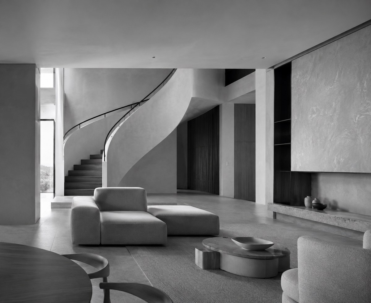 Design direction for the Glynburn Project in Burnside, South Australia: a sculptural curved staircase, microcement walls, a stone fireplace ledge and low modular seating. Concept visualisation, project in progress.