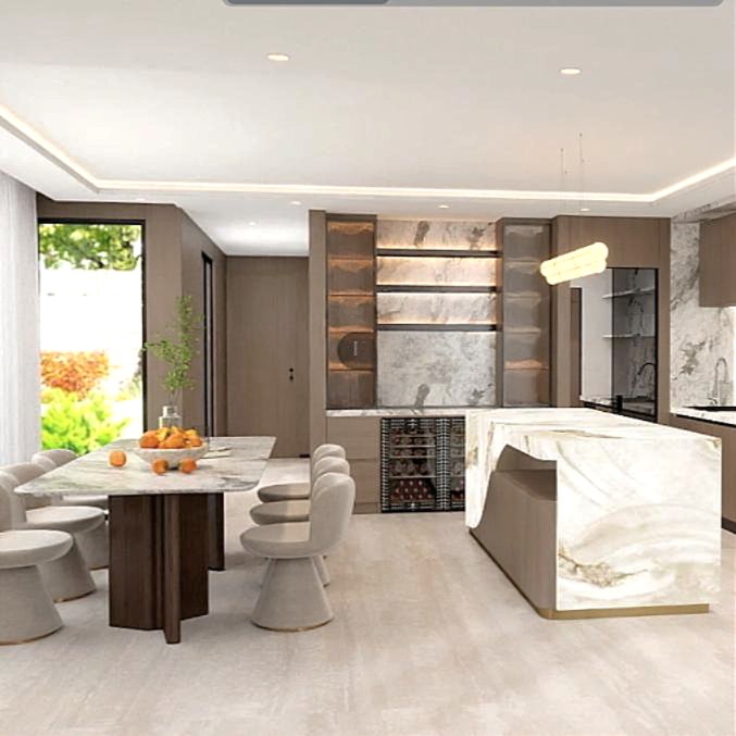 StellarNova 3D walkthrough of an open-plan kitchen and dining space, with a book-matched marble waterfall island, timber joinery, integrated wine storage and sculptural dining chairs, every item a specified product